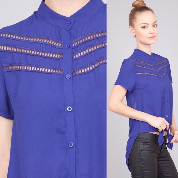 “Blume” SS Open Back Button-Up Top with Tie - Picture 3 of 5